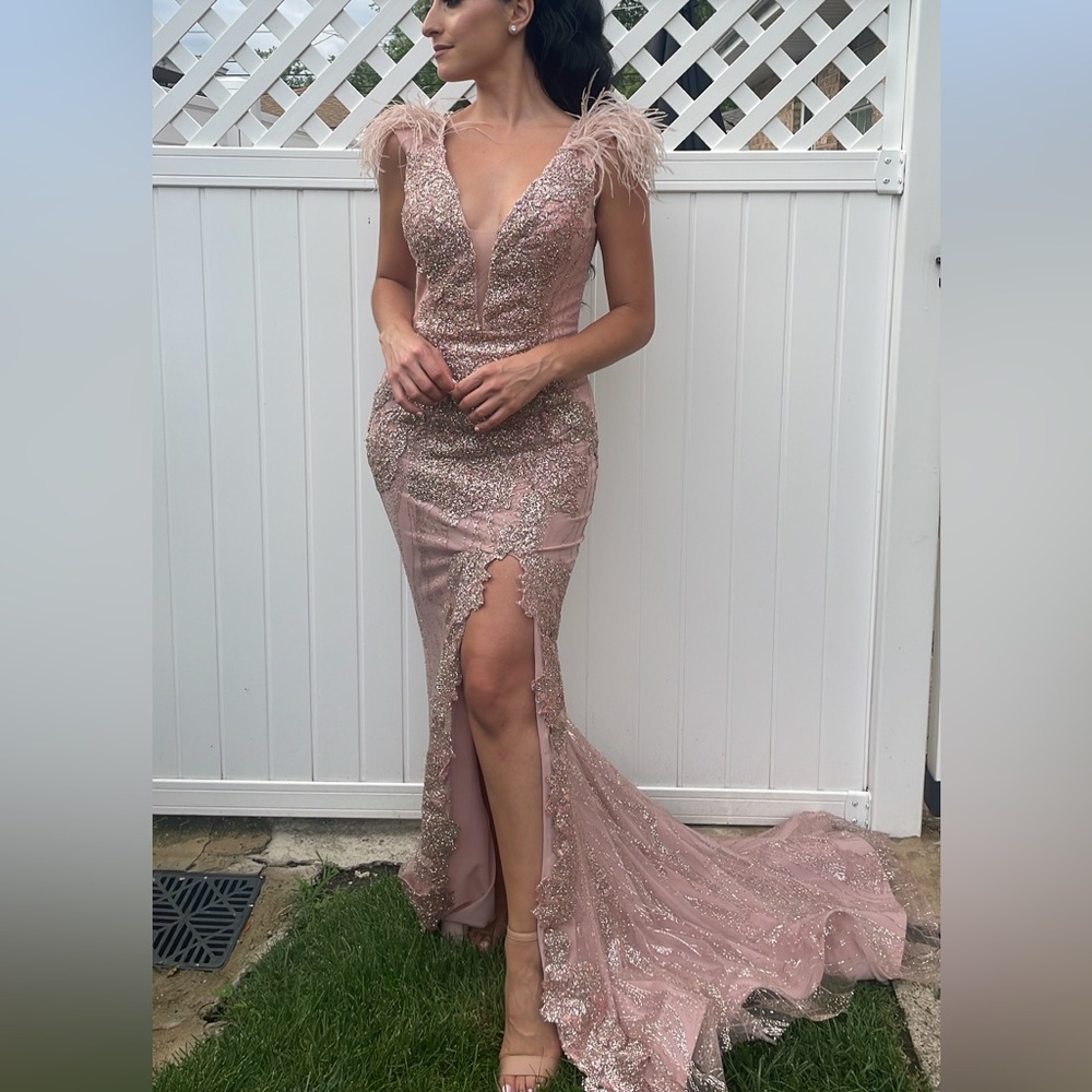 PORTIA & SCARLETT PS6072 V Neck Glitter Lace Feather Accent Gown